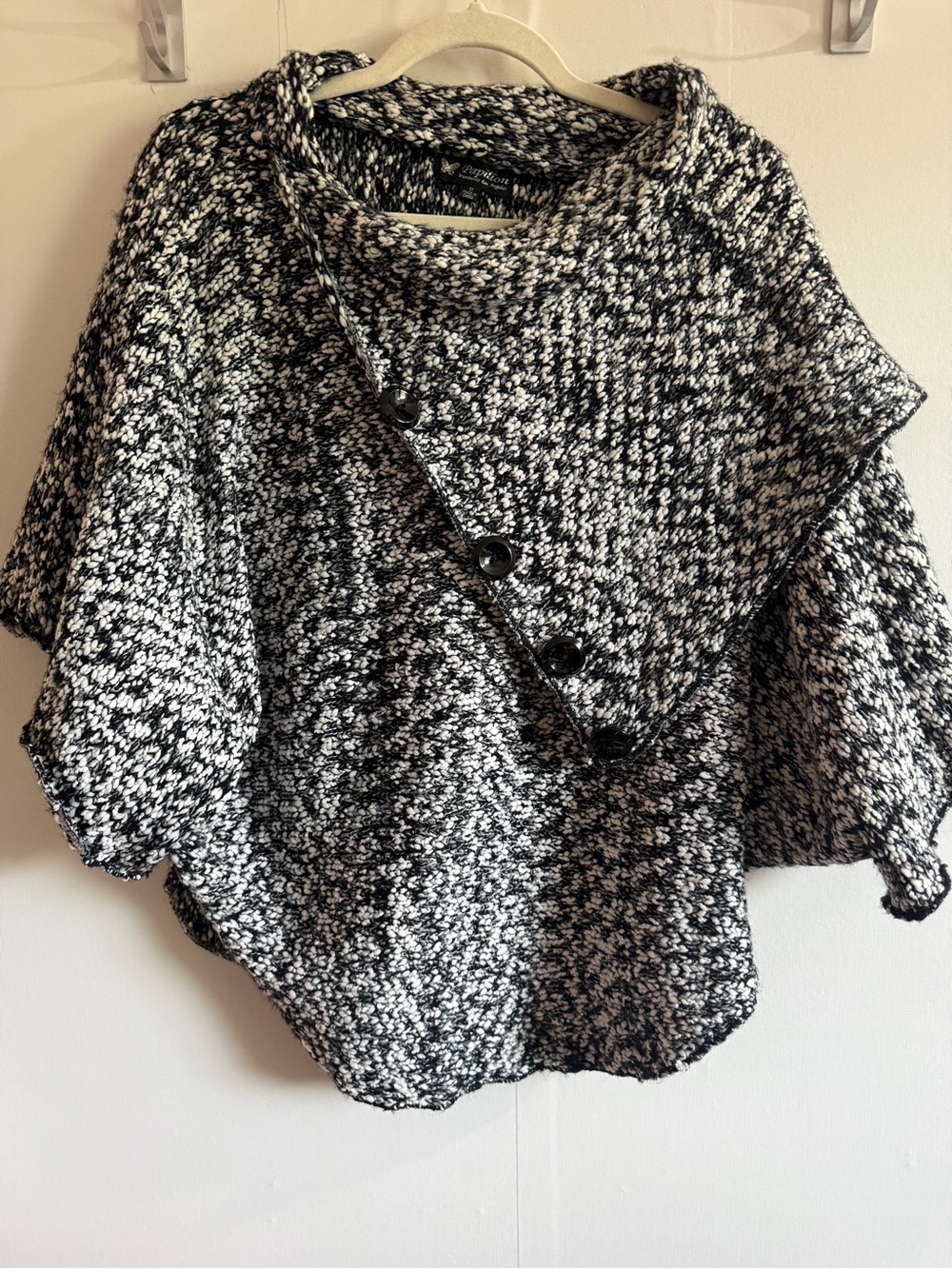 Papillon Vancouver Black White Marl Knit Poncho Sweater Sleeve M Cozy Oversized
